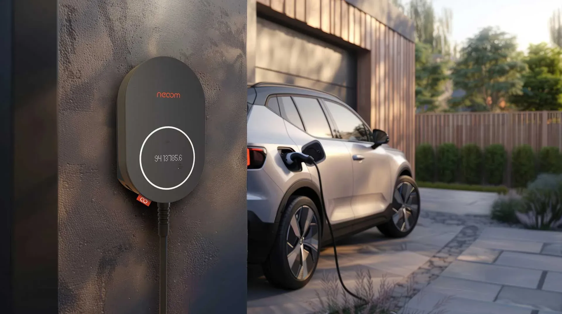 go-e Charger Pro an einer Hauswand beim Laden eines Elektroautos